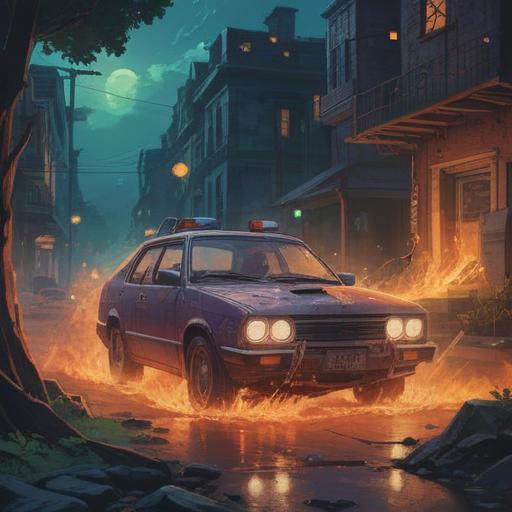 A mystical scene depicting a car about to crash, eerie glow surrounding the vehicle, ethereal symbols in the air, a sudden burst of light representing a spiritual warning, surreal landscape with swirling clouds, a feeling of tension and urgency, vivid imagery of signs urging caution, dramatic colors highlighting danger, reflective atmosphere, 4k