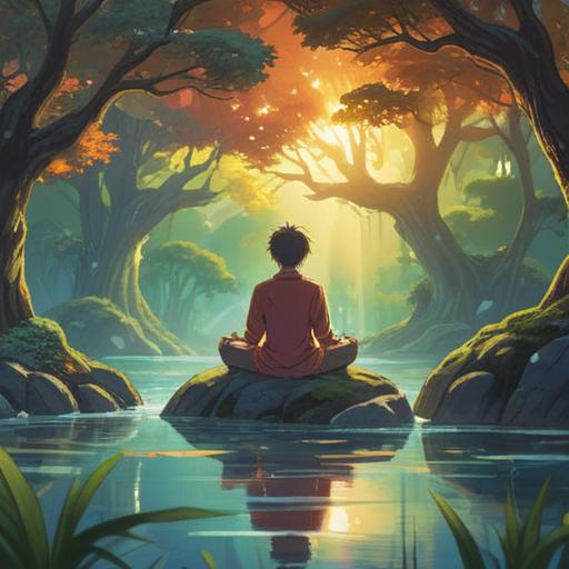 A serene landscape depicting a person meditating under a vibrant tree, surrounded by soft rays of light, gentle flowing water, symbolic elements of healing and spirituality, a feeling of peace and tranquility, nature's beauty accentuating the message of hope and recovery, ethereal atmosphere, 4k