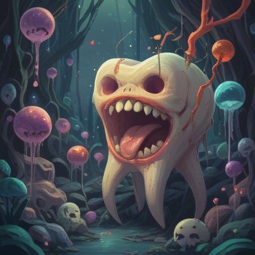A surreal illustration depicting the spiritual significance of tooth pain, ethereal elements symbolizing emotional struggles, a broken tooth surrounded by glowing orbs, a shadowy figure representing inner demons, soft light illuminating the scene, dreamlike atmosphere, vivid colors contrasting dark undertones, 4k