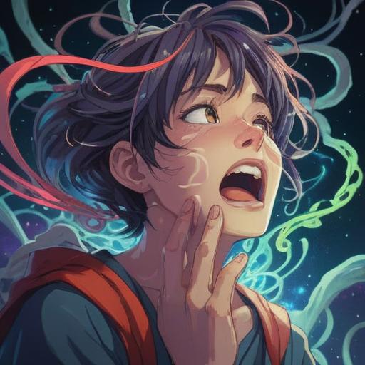 A mystical illustration depicting a person holding their jaw in pain, surrounded by swirling ethereal lights, symbols representing spiritual warnings, a shadowy figure in the background representing the subconscious, soft glows illuminating the scene, a blend of anxiety and revelation, vibrant yet soothing color palette, 4k