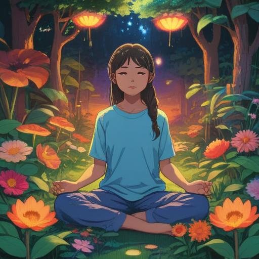 A serene and calming illustration, depicting a person meditating peacefully, surrounded by glowing healing energy, a garden with vibrant flowers symbolizing health, soft light filtering through trees, an aura of tranquility, gentle mist rising, rich in spiritual symbolism, calming colors, harmonious atmosphere, inviting and uplifting energy