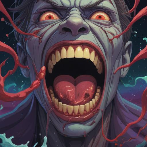 A mystical illustration depicting a person's mouth with blood subtly flowing from the gums, surrounded by ethereal energy, a symbolic representation of emotional healing and transformation, soft light illuminating the scene, intricate patterns in the background, conveying a sense of spiritual awakening, surreal atmosphere, vibrant colors, 4k