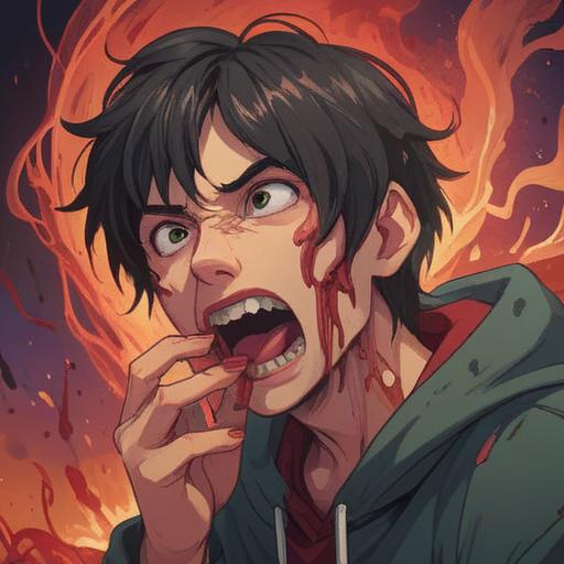 A mysterious and ethereal scene depicting a person holding their jaw in concern, blood subtly flowing from their gums, surrounded by a faint glow representing spiritual energy, ghostly figures suggesting underlying issues, soft focus on the individual's face showing a mix of worry and enlightenment, symbolic elements like a chakra or aura around them, deep colors conveying emotions, surreal atmosphere, 4k