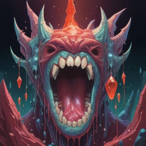 A surreal illustration of a gemstone resembling a tooth, blood oozing from the gums, vivid colors, mystical aura, detailed textures on the stone, contrasting warm and cool tones, symbolic representation of luck intertwined with pain, imaginative background elements, 4k