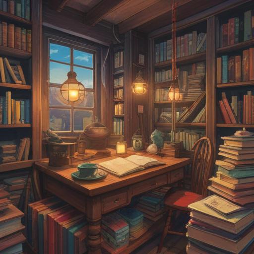 A detailed illustration depicting a cozy study space, multiple books neatly stacked, a cup of steaming tea beside a vintage notepad, warm ambient lighting, a soft armchair inviting relaxation, a window showcasing a serene garden outside, an atmosphere of contemplation and organization, 4k