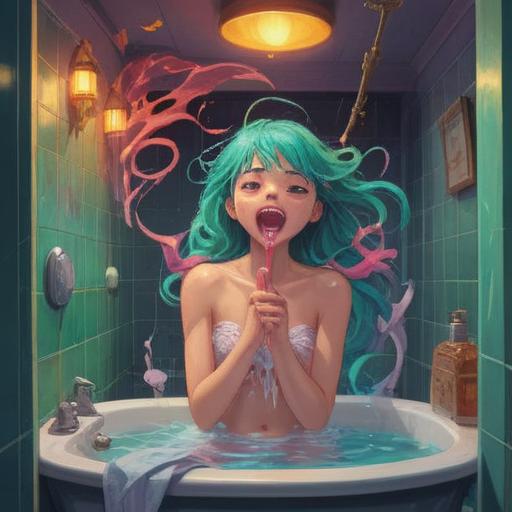 A surreal illustration depicting spiritual warning signs during tooth brushing, a mystical aura surrounding a figure in a bathroom, swirling energy and bright colors, reflective surfaces highlighting negative emotions, symbolic representations of anxiety and carelessness, large mirrors capturing hidden truths, ethereal lighting casting strange shadows, dream-like atmosphere, 4k