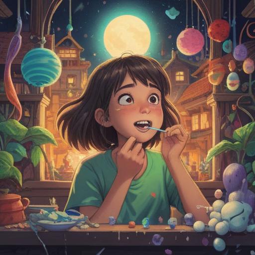 A whimsical illustration of a person brushing their teeth, surrounded by sparkling lucky charms, vibrant colors, a cheerful atmosphere, a glowing toothbrush that emits a magical aura, a radiant smile symbolizing good fortune, playful and energetic vibe, detailed accessories representing luck, 4k