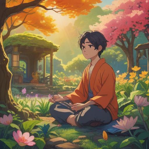 A serene and calming illustration of a person meditating in a peaceful garden, surrounded by vibrant flowers and gentle sunlight, daily rituals represented with symbols like a journal, tea, and crystals, harmonious energy flow, tranquil atmosphere, inspiring and uplifting vibe, 4k
