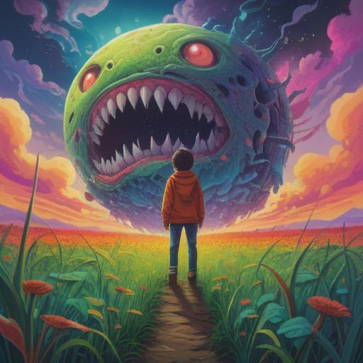 A surreal dreamscape illustration, featuring a person standing in a vast field, surrounded by floating teeth, symbolic of transformation and change, a calming celestial backdrop, ethereal lighting, conveying a sense of release and renewal, mystical atmosphere, 4k