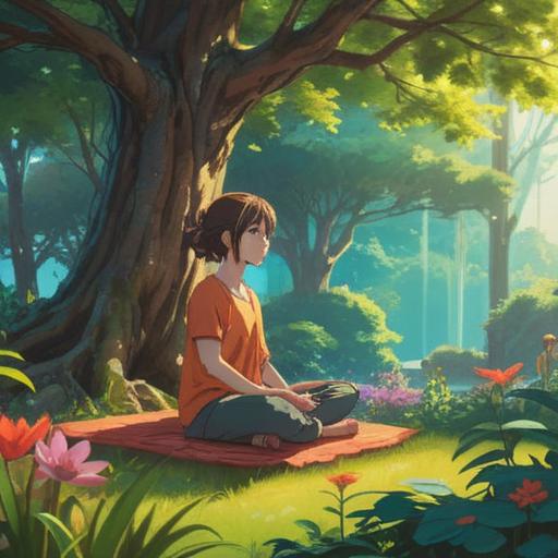 A serene and tranquil scene, depicting a person meditating in a peaceful garden, soft sunlight filtering through the trees, gentle breeze rustling leaves, a sense of calm and reflection, vibrant flowers symbolizing new beginnings, a clear blue sky overhead, soothing and relaxing ambiance, 4k