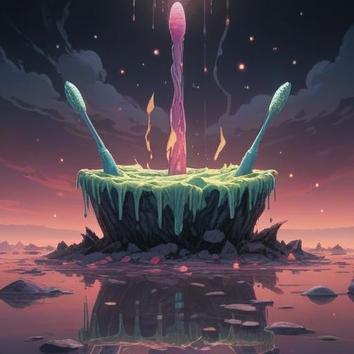 A spiritual representation of a broken toothbrush, symbolizing cleansing and transformation, floating in a mystical environment, ethereal glow surrounding the object, intricate patterns of energy waves emanating from the fracture, serene and contemplative atmosphere, reflective surfaces, soft light, 4k