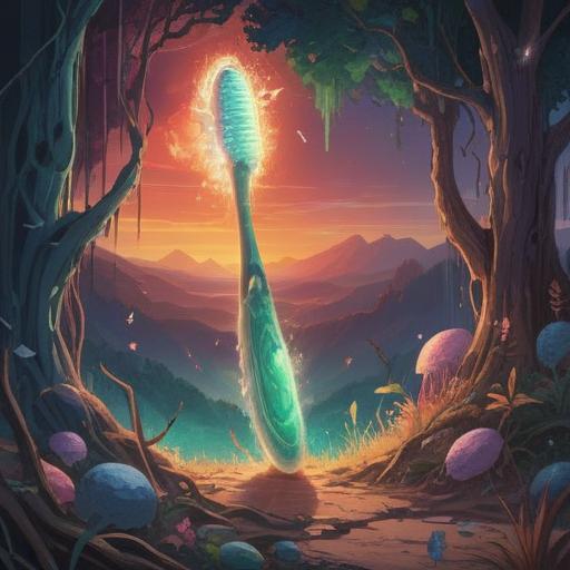 A surreal illustration of a broken toothbrush symbolizing spiritual awakening, soft ethereal glow, vibrant colors, mystical aura, representation of transformation and renewal, abstract elements representing positive energy, tranquil atmosphere, harmonious composition, dreamlike landscape, 4k