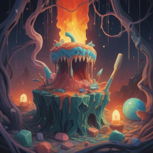 A surreal illustration of a broken toothbrush, symbolic representations of spiritual warnings surrounding it, ethereal light emanating from the cracks, subtle hints of mystical energies, a dark and moody background with abstract shapes, dreamlike atmosphere, vivid colors, intricate details highlighting the importance of awareness, 4k