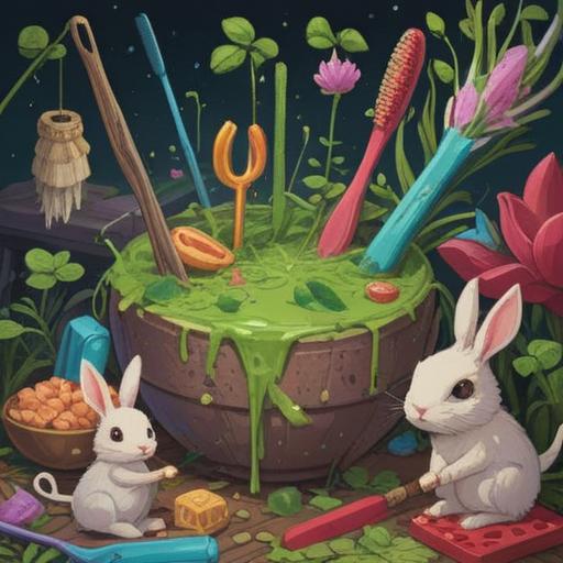 A whimsical illustration of a broken toothbrush, surrounded by lucky items such as four-leaf clovers, horseshoes, and rabbits' feet, vibrant colors, dynamic composition, playful and cheerful atmosphere, detailed character reactions, enchanting background elements, 4k