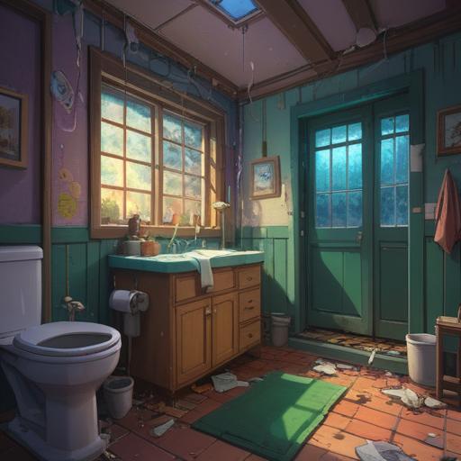 A broken toothbrush with a mysterious aura, vibrant colors, dramatic lighting, signs of neglect, surrounded by a chaotic bathroom scene, featuring scattered toothpaste and an overflown sink, evoking a sense of abandonment and urgency, intricate details on the toothbrush, expressive reflections, 4k