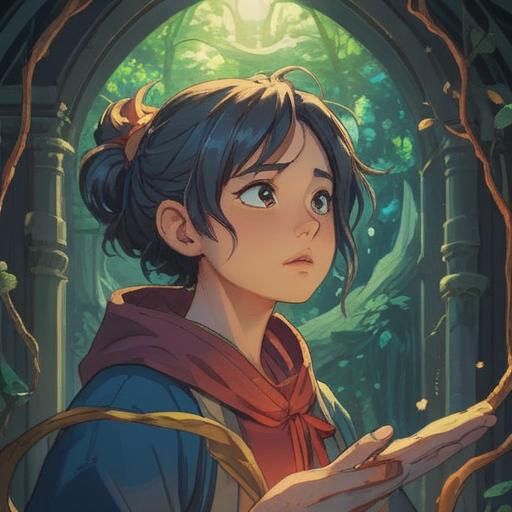 A serene and contemplative scene, a person holding their jaw with a concerned expression, symbolic representation of spiritual awareness, ethereal light surrounding them, elements of nature like trees and a gentle stream in the background, hints of the universe and energy flow, calm and introspective atmosphere, vibrant colors, 4k