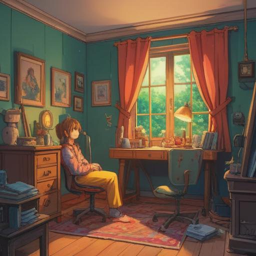 A serene illustration depicting a person sitting in a cozy room, looking contemplative, soft lighting creating a warm atmosphere, a dental mirror and dental tools on a small table, open self-help books nearby, plants adding a touch of nature, a window showing a sunny day outside, representing emotional care and self-restoration, calming color palette, introspective mood, gentle facial expression, 4k