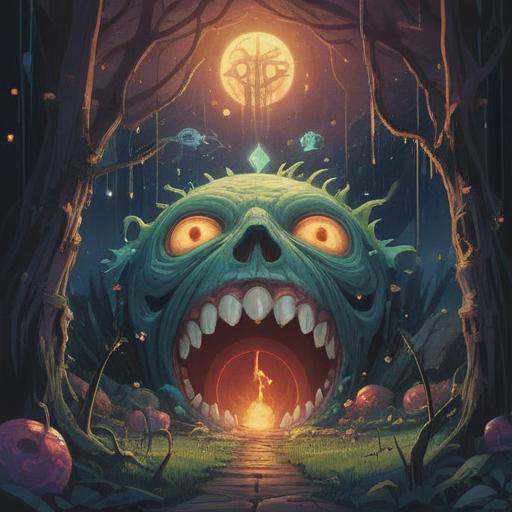 A surreal illustration of a broken tooth, mystical symbols surrounding it, spiritual signs represented by glowing orbs, an ethereal aura, hints of nature in the background, deep reflective colors, a calm yet alert atmosphere, symbolic representations of concern and mindfulness, enchanting visual elements, 4k