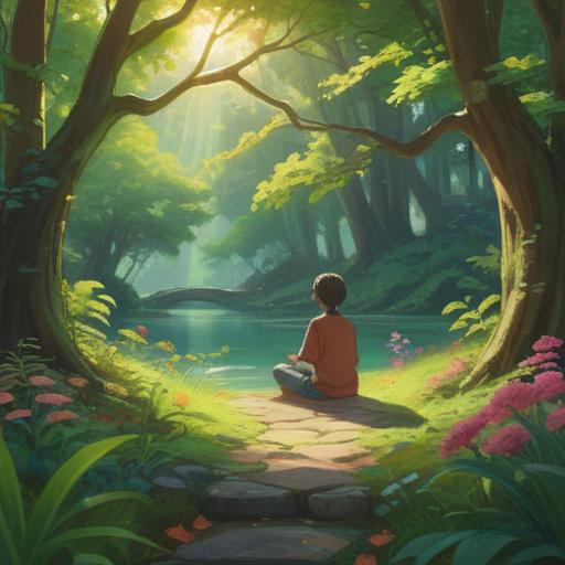 A calming scene depicting a person practicing mindfulness in a tranquil park, surrounded by lush greenery and soft sunlight filtering through the trees, a gentle breeze rustling leaves, serene facial expression, sitting on a peaceful bench, engaging in deep breathing exercises, clear focus on relaxation, harmonious atmosphere, vibrant colors, 4k