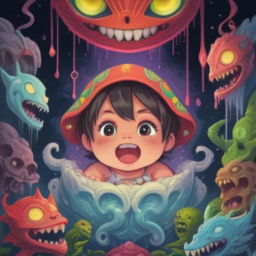 A spiritual illustration depicting the signs to watch for when teeth are coming in, vibrant colors, mystical symbols surrounding a teething baby, ethereal lighting creating a warm aura, a gentle, nurturing environment, energetic waves representing spiritual awareness, detailed expressions of the baby and guardians, 4k