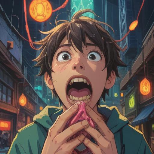 A mystical scene depicting a person holding their mouth in surprise, bright light emanating from their broken tooth, surrounded by ethereal symbols representing spiritual signs, deep forest background with shimmering light, calming colors, reflective mood, high detail, 4k