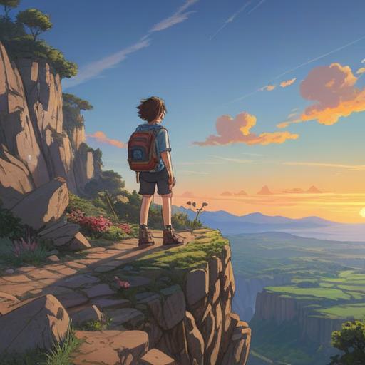 A determined character with a chipped tooth, standing at the edge of a cliff, looking towards a bright sunrise, symbolizing new beginnings, rugged landscape, wind blowing through their hair, a sense of resilience and courage, vibrant colors, hopeful atmosphere, dynamic pose, 4k