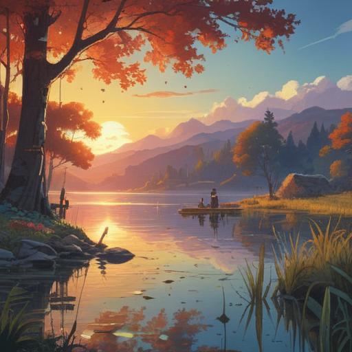 A serene and peaceful scene depicting a person reflecting by a calm lake, surrounded by nature, a shining light illuminating the area, symbols of positivity and growth emerging from the water, a sense of tranquility and enlightenment, personal transformation, harmonious energy, 4k