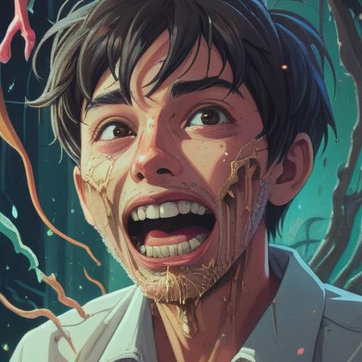 A surreal illustration depicting a person experiencing a dental mishap, a broken filling symbolizing emotional release, a mystical aura surrounding the mouth, ethereal light representing spiritual awareness, elements symbolizing intuition and healing, detailed expressions of concern and realization, intricate background with dreamlike patterns, 4k