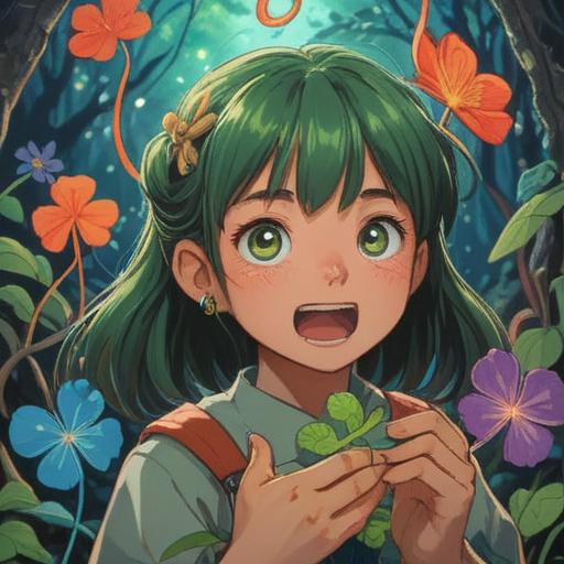 A vibrant illustration of a character celebrating after losing a dental filling, surrounded by symbols of good luck such as four-leaf clovers and shooting stars, expressive facial expression showcasing joy and relief, dynamic pose suggesting action and movement, bright colors to evoke a positive atmosphere, whimsical background elements, cartoonish style, cheerful vibe, 4k