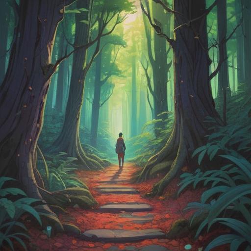 A profound and introspective scene depicting a person navigating a winding path through a dense forest, symbolizing the trials of life, ethereal light filtering through the trees, serene expression on the person's face, surrounded by various obstacles like fallen branches and rocky terrain, representing challenges, elements of nature embodying resilience and growth, mystical atmosphere, rich textures, 4k