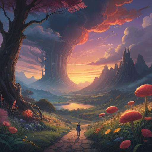 A mystical landscape symbolizing the challenges we face, vibrant colors, ethereal light shining through dark clouds, a winding path leading to a bright horizon, silhouette of a solitary traveler overcoming obstacles, spiritual symbols emerging from the ground, sense of hope and enlightenment, 4k