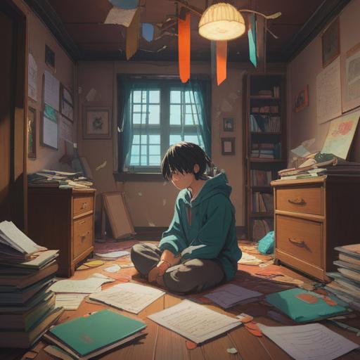 A spiritual illustration depicting the concept of failing an exam, a figure sitting in a dimly lit room surrounded by chaotic floating papers, ethereal light symbolizing stress and anxiety, a shadowy presence representing fear of failure, introspective expression, metaphoric elements showing growth through struggle, dreamlike atmosphere, 4k