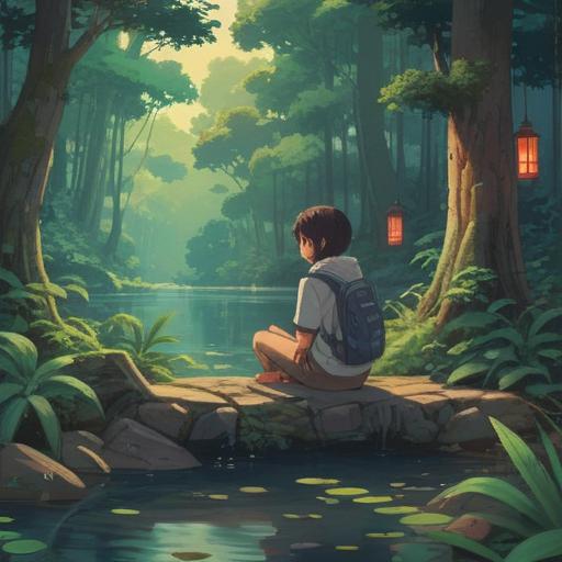 A contemplative scene depicting a student sitting in a serene environment, surrounded by nature, embodying the moment of reflection after failing an exam, symbolic imagery representing growth and new beginnings, soft light filtering through trees, vibrant colors, peaceful expression, transformative journey, harmonious balance, 4k