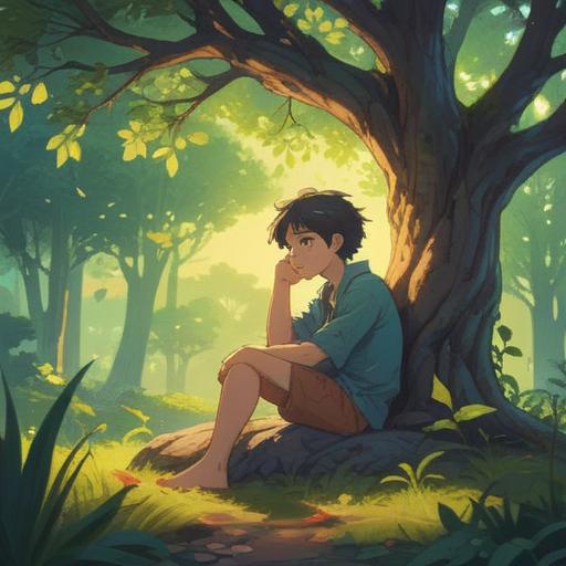 A serene illustration depicting a person sitting alone under a tree, contemplating their thoughts, gentle sunlight filtering through the leaves, symbols of resilience and growth around, subtle hints of spiritual signs like feathers and butterflies, a sense of hope and reflection, tranquility in nature, vibrant colors, 4k