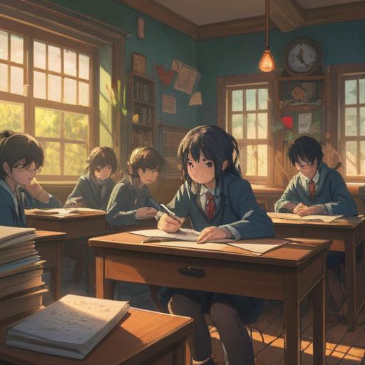 A thoughtful scene depicting a student reflecting on their exam failure, surrounded by symbols of growth and positivity, warm sunlight filtering through a classroom window, books and notes scattered on the desk, a determined expression on their face, vibrant colors illustrating hope and resilience, motivational quotes on the wall, 4k