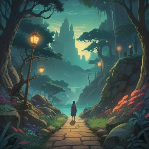 A mystical scene depicting a spiritual trial, a serene landscape, a person at a crossroads, ethereal light illuminating the path, symbols of transformation and growth, an aura of introspection, surreal elements representing inner struggles and enlightenment, deep shadows contrasting with divine light, 4k