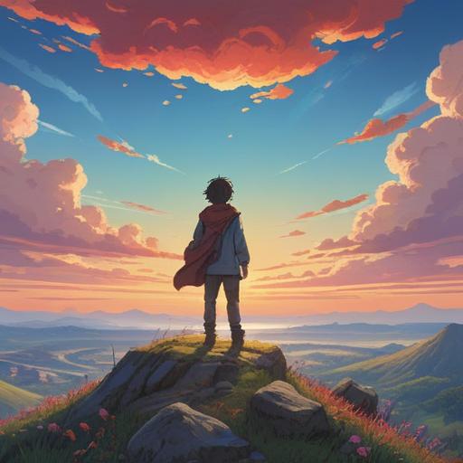 A serene landscape representing hope, a person standing on a hilltop gazing at a bright sunrise, vivid clouds parting to reveal a clear blue sky, gentle rays of light shining down, symbolizing new beginnings, lush green fields surrounding, a path leading onward, uplifting and inspiring, 4k