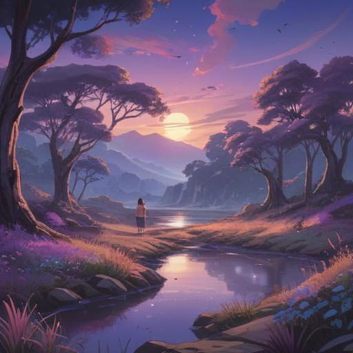 A serene landscape bathed in purple hues, symbolizing spiritual awakening and intuition, soft light illuminating the scene, ethereal atmosphere, flowing lavender fields, mystical mountains in the background, gentle wind creating a sense of tranquility, detailed textures, peaceful ambiance, 4k