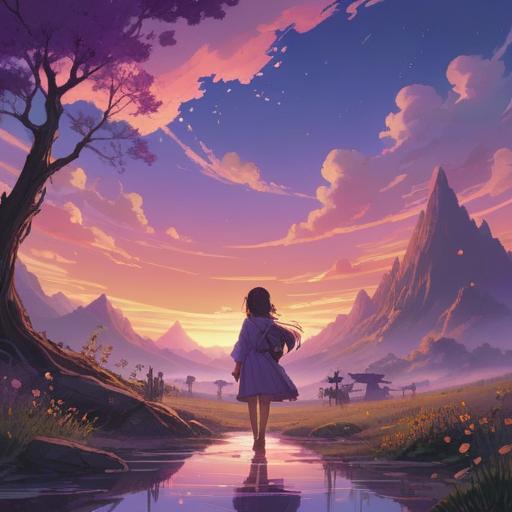 A serene and mystical landscape, flowing purple hues in the sky, ethereal figures representing good signs, gentle light illuminating the scene, symbols of spirituality interwoven with nature, tranquil atmosphere, blooming flowers in shades of purple, soft wisps of clouds, 4k