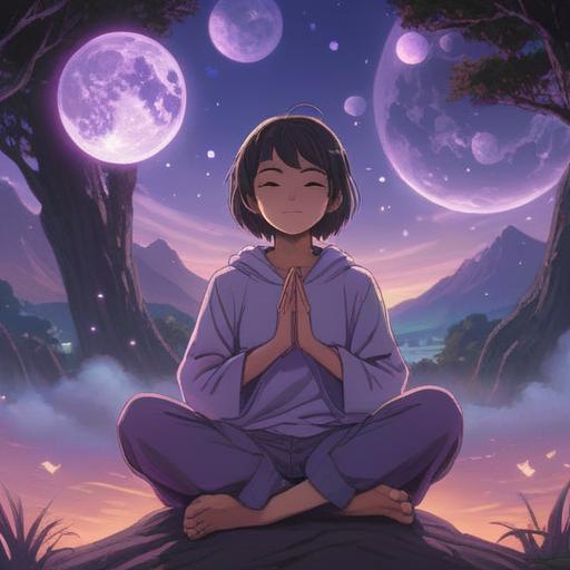 A serene and mystical scene, a person meditating under a purple sky, surrounded by glowing purple orbs, softly illuminating the surroundings, subtle hints of nature, like blooming lavender, a path lined with crystals reflecting light, tranquil atmosphere, spiritual symbolism, 4k