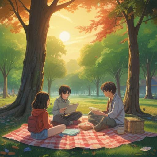A serene landscape depicting a gathering of diverse people sharing ideas, vibrant sunlight filtering through trees, papers and notebooks spread out on a picnic blanket, expressions of joy and collaboration, nature surrounding them, harmonious atmosphere, 4k