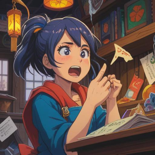 A whimsical scene depicting a person wincing in pain after cutting their finger on paper, surrounded by a collection of lucky items like a four-leaf clover, a miniature rabbit's foot, and a horseshoe, bright colors, playful atmosphere, detailed textures, cozy setting, 4k