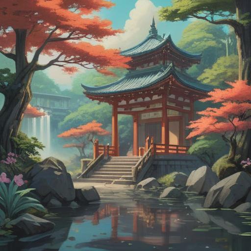 A serene and mystical illustration of a Shinto shrine, surrounded by lush greenery and tranquil waters, ethereal spirits hovering gently, symbolic offerings laid out, a sense of divine presence, harmonious atmosphere, spiritual connection to nature, traditional Japanese architecture, vibrant colors, 4k