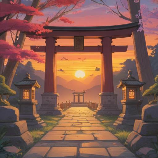A serene illustration of a Shinto shrine at sunset, ethereal light illuminating the sacred torii gate, gentle spirits in the air guiding the way, vibrant nature surrounding the shrine, lush greenery, colorful flowers, a sense of peace and spiritual awakening, harmonious atmosphere, 4k