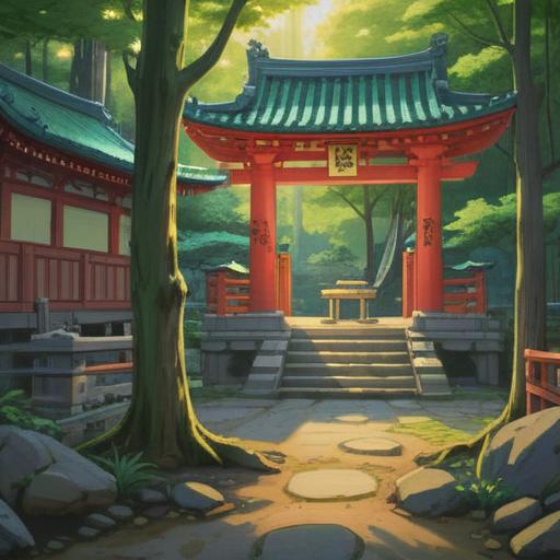 A serene illustration of a traditional Japanese shrine, vibrant green trees surrounding it, a kamidana (household Shinto altar) adorned with sacred items, gentle sunlight filtering through leaves, people peacefully connecting with nature, charms and lucky items placed at the shrine, warm and inviting atmosphere, spiritual harmony, 4k