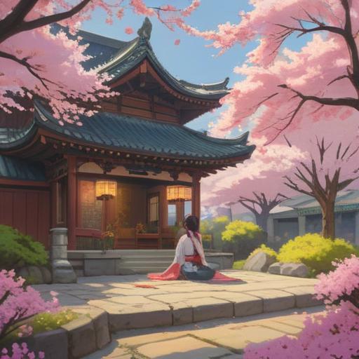 A serene and contemplative scene, a person sitting in a peaceful shrine garden, surrounded by cherry blossom trees, soft sunlight filtering through branches, a small offering table in front, feeling a deep connection with the deity, meditative posture, gentle breeze rustling leaves, tranquil atmosphere, harmony between nature and spirit, 4k