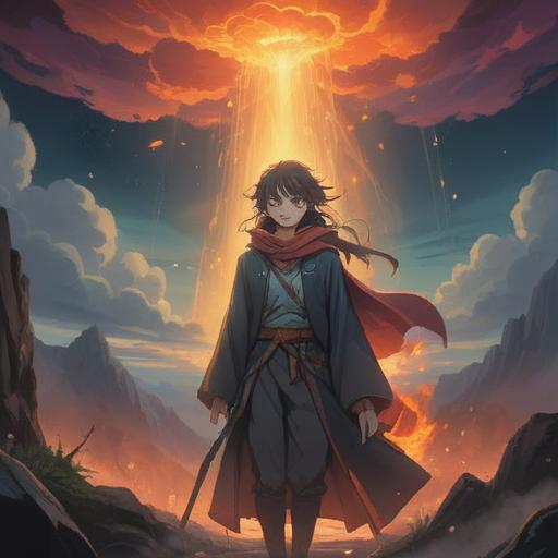 A mysterious and serene scene, a smoky aura surround a shadowy figure, ethereal light breaking through dark clouds, subtle hints of nature in the background like wilting flowers, a feeling of caution and awareness, spiritual symbols glowing faintly, an overall atmosphere of introspection and alertness, 4k