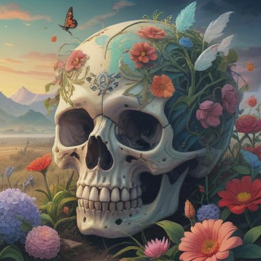 A spiritual illustration depicting a serene landscape, soft light illuminating a skull partially covered by flowers, symbolizing transformation and rebirth, ethereal mist enveloping the scene, vibrant colors representing hope and renewal, gentle emanation of energy, harmonious elements of nature, 4k