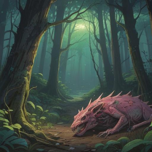 A hauntingly beautiful forest scene, an eerie stillness in the air, a decaying animal carcass lying on the ground, surrounded by strange glowing orbs, ghostly figures subtly emerging from the trees, an underlying sense of warning, ethereal fog weaving through the branches, dark yet mesmerizing colors, 4k