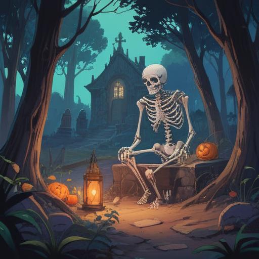 A mysterious scene depicting a character discovering a lucky charm after encountering a skeleton, eerie lighting, contrasting shadows, a deserted graveyard atmosphere, the charm glowing softly amidst the darkness, detailed textures on the skeleton, a sense of intrigue and fortune intertwined, 4k
